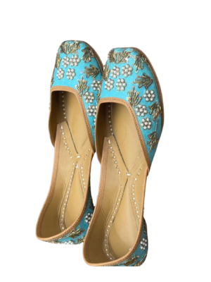 Turquoise embroidered jutti • Handcrafted floral jutti • Ethnic footwear for women • Comfortable leather sole jutti • Wedding and festive jutti